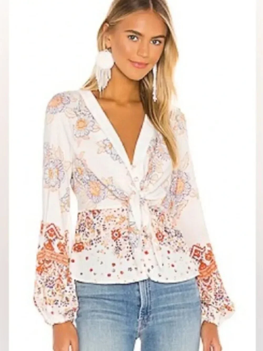 FREE PEOPLE Run Free Boho Mixed Floral Print Tie Front Long Sleeve Tunic Blouse